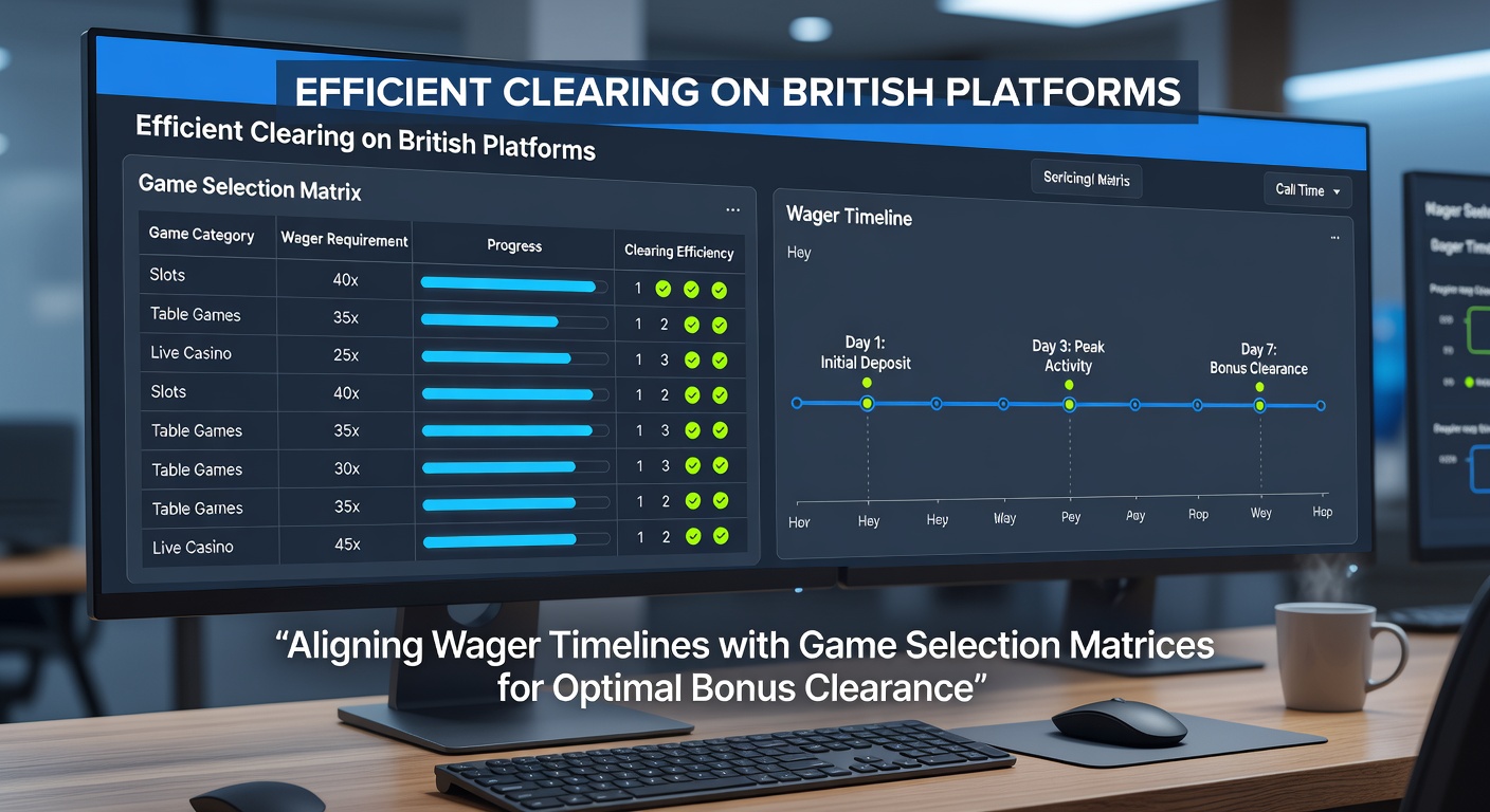 Player reviewing a digital dashboard displaying remaining wagering time and game contribution matrix on a British casino platform