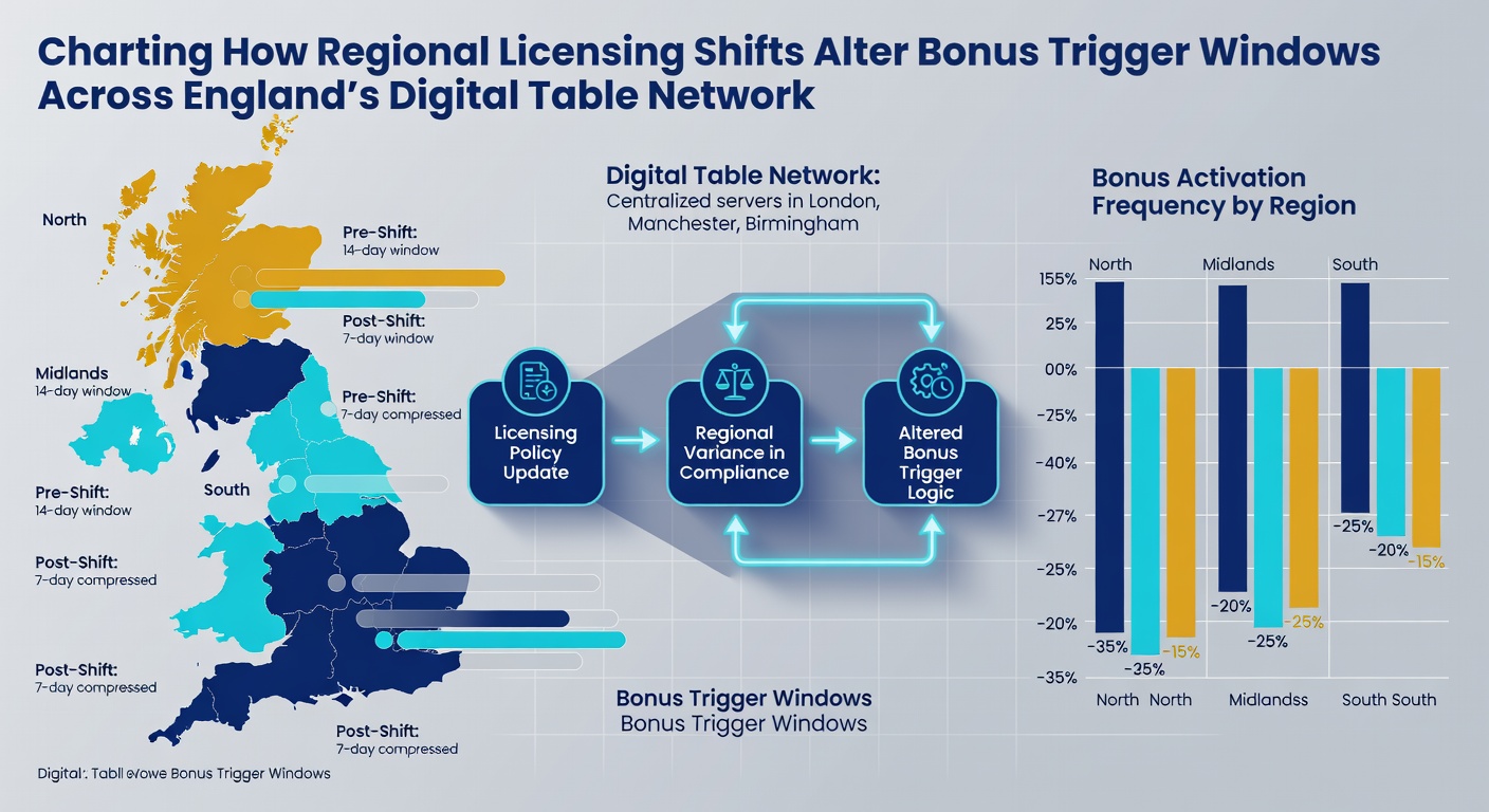 Network diagram illustrating regional licensing boundaries and corresponding bonus activation timelines