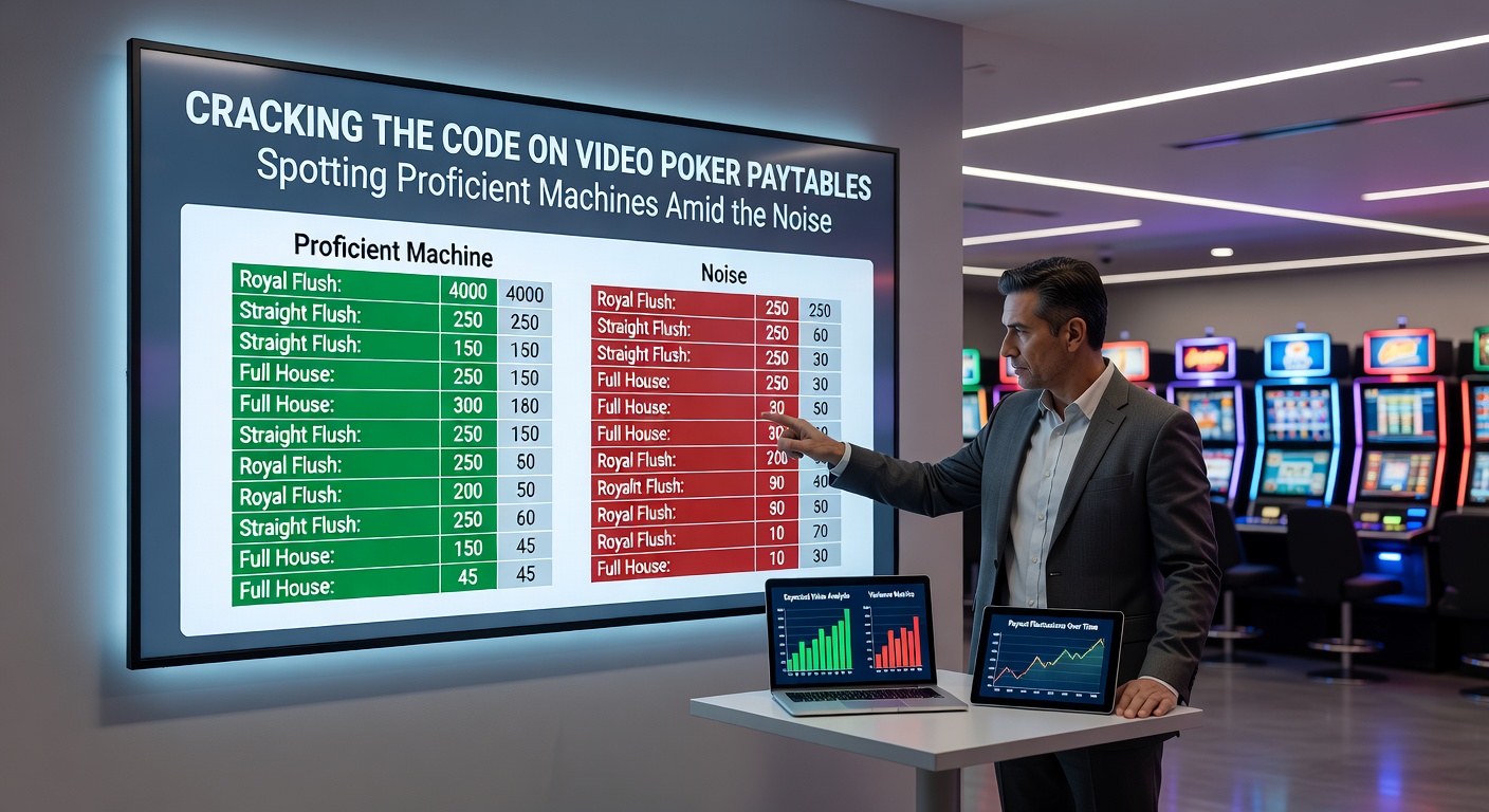 Side-by-side comparison of two video poker paytables, one full-pay with high payouts for full house and flush, the other short-pay with reduced amounts