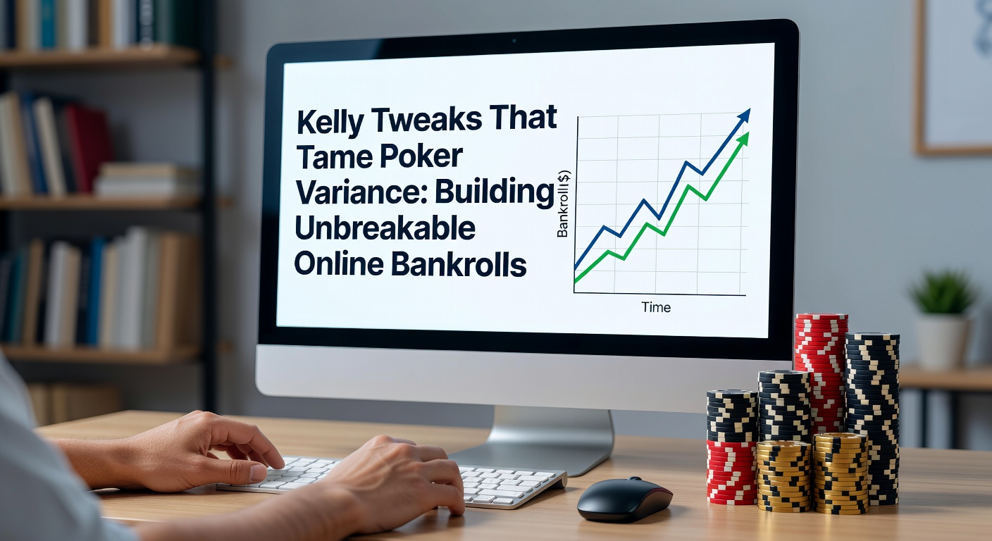 Online poker player analyzing Kelly-adjusted bankroll charts on dual monitors during a session