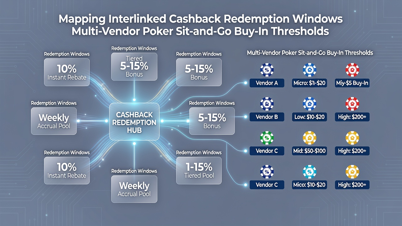 Flowchart illustrating multi-vendor poker sit-and-go buy-in thresholds linked to cashback redemption periods