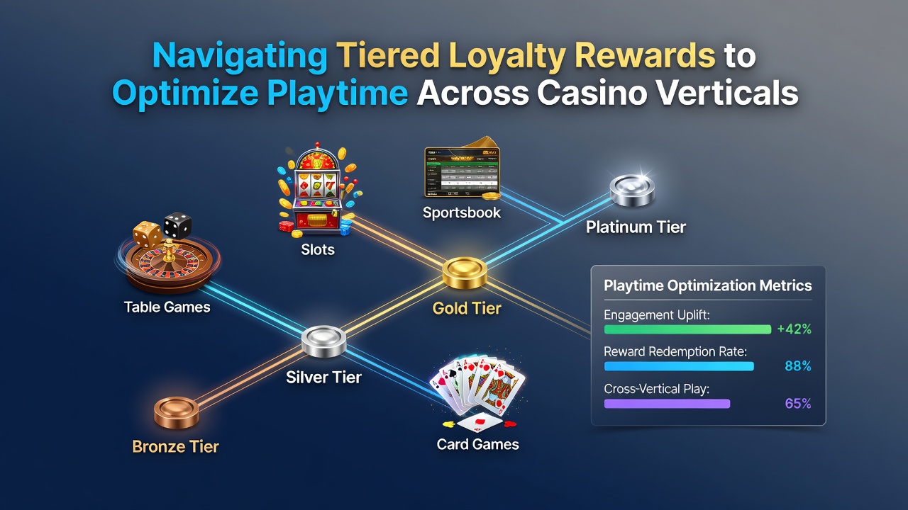 Player reviewing loyalty tier benefits on a tablet at a casino lounge with multiple game types visible in background